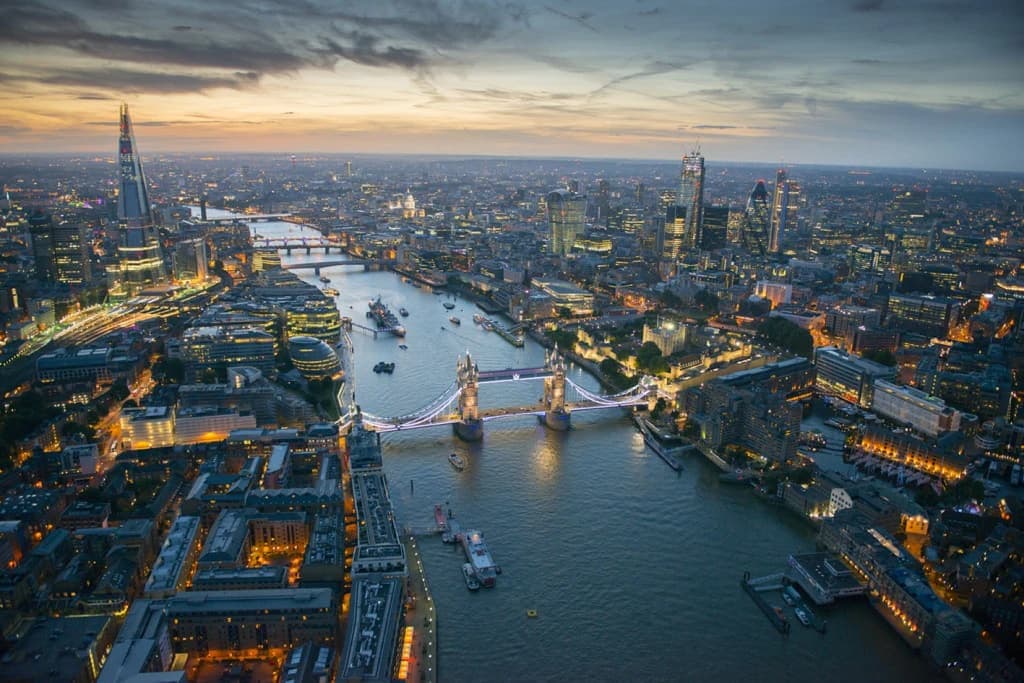 The Thames at dusk with Tower Bridge and the City of London
